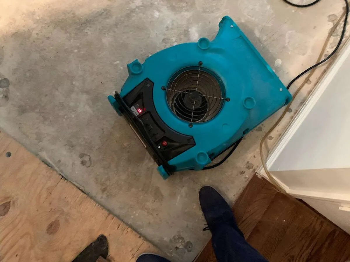 Air mover drying subfloor during Leak Detection & Repair in Riverbank